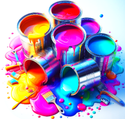 cans of bright colored paint