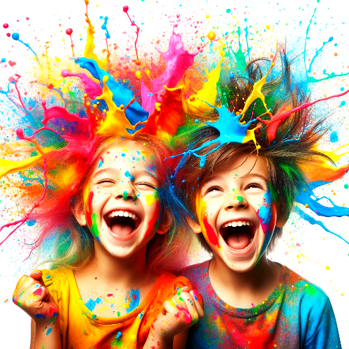 laughing boy and girl splattered with paint