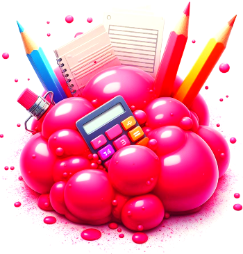 bright pink paint clob with pencils, calculator and paper 
	   sheets sticking out