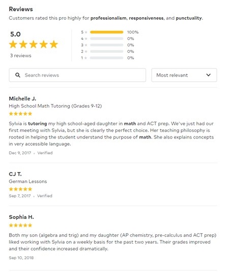 thumbtack professional tutor ratings for Sylvia B